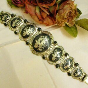 Vintage SIAM STERLING Nielloware Bracelet: Thai Deity Panel Link Bracelet